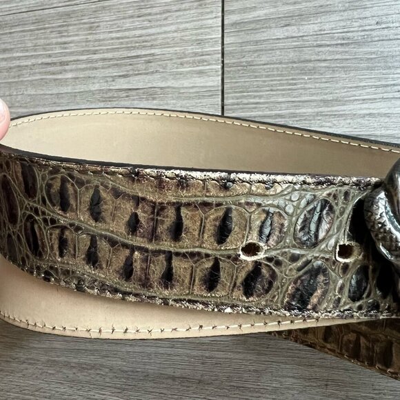 Chunky Italian Leather Brown Bedazzled Buckle Boho Belt Donald J Pliner Size XL - Picture 4 of 6
